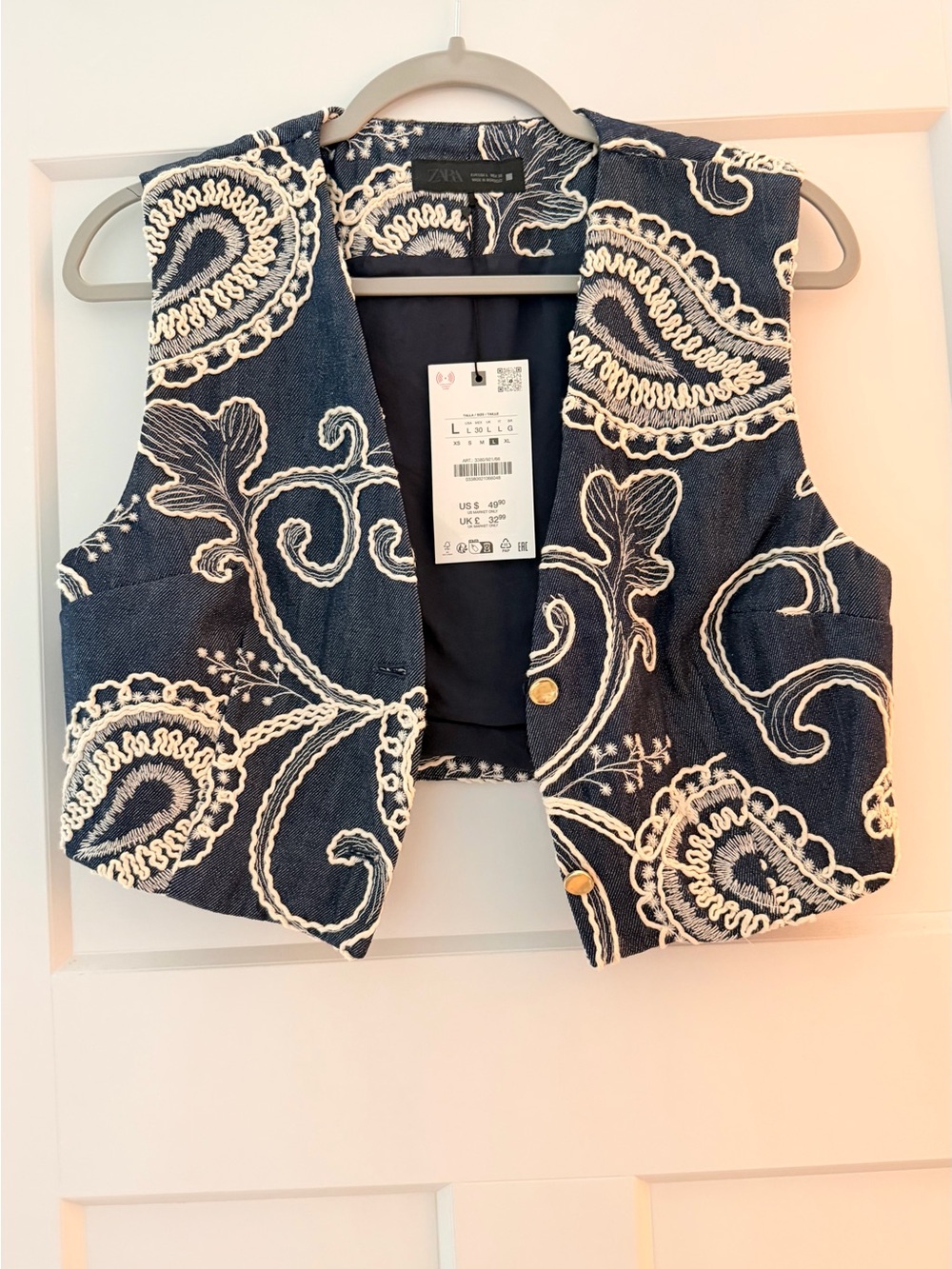Zara Navy Vest with White Embroidered Paisley